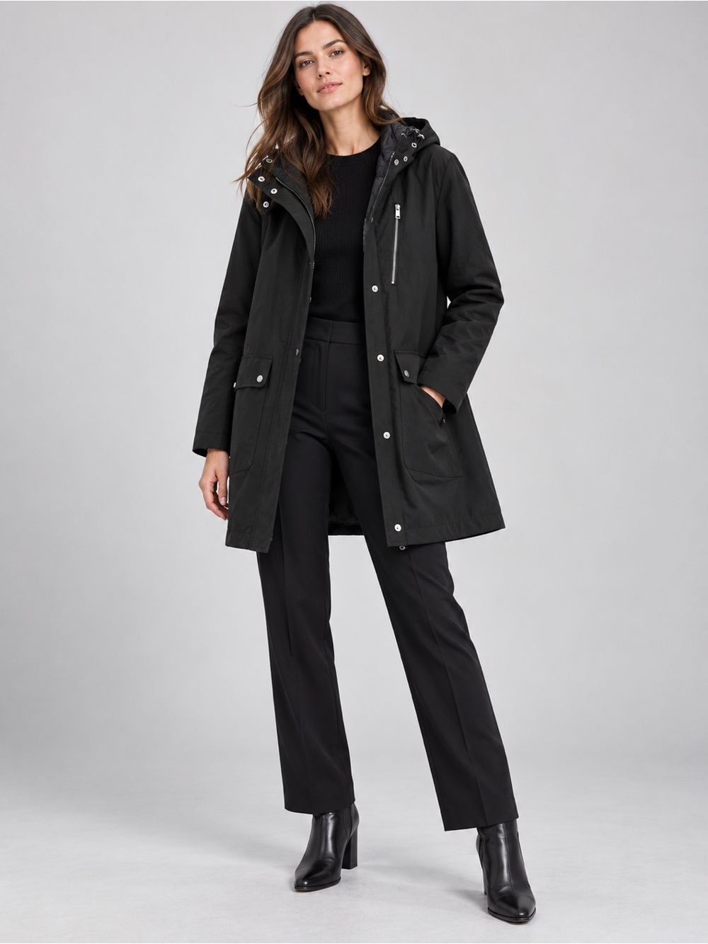 DKNY Black Hooded Trench Coat XXL